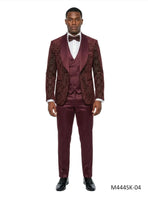 M & R Clothing burgundy velvet and sequin 3-piece tuxedo suit with satin shawl collar, vest, and matching bowtie.