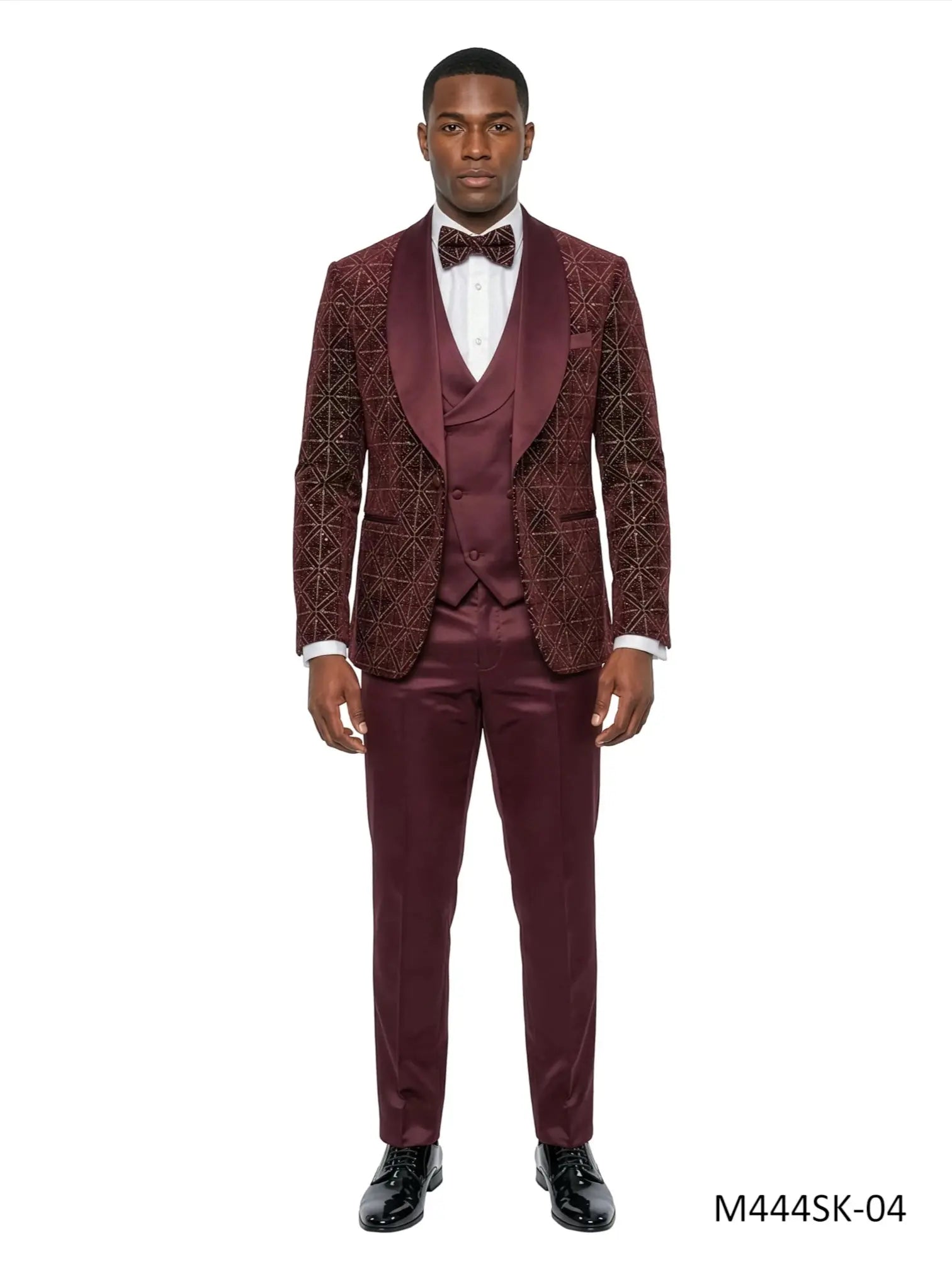 M & R Clothing burgundy velvet and sequin 3-piece tuxedo suit with satin shawl collar, vest, and matching bowtie.