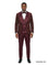 M & R Clothing burgundy velvet and sequin 3-piece tuxedo suit with satin shawl collar, vest, and matching bowtie.