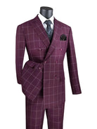 M & R Clothing modern fit double-breasted suit in deep burgundy with a white window pane pattern and peak lapels.