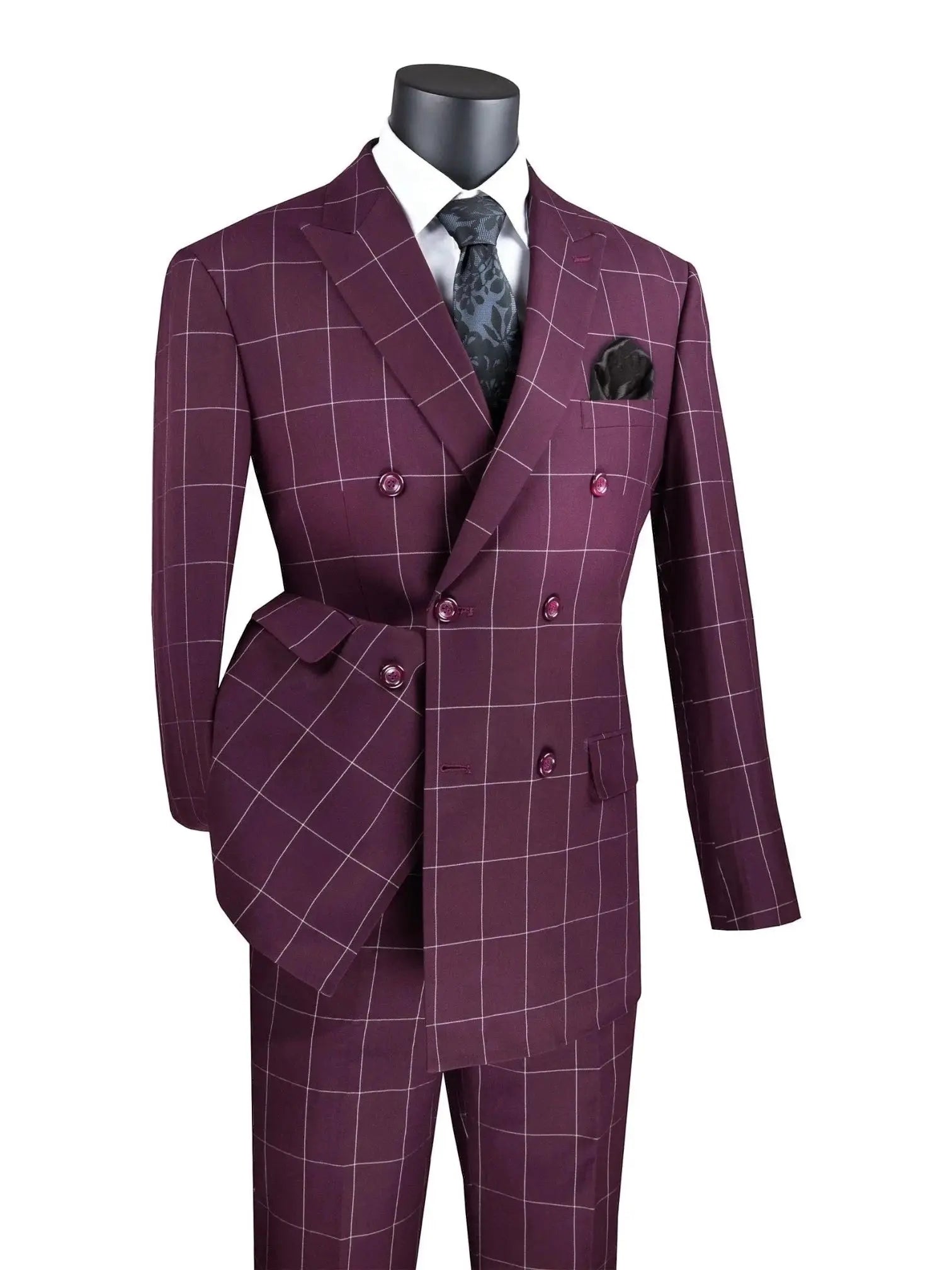 M & R Clothing modern fit double-breasted suit in deep burgundy with a white window pane pattern and peak lapels.