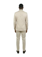 Back view of a man wearing a M & R Clothing champagne jacquard 3-piece tuxedo suit with a skinny fit silhouette.