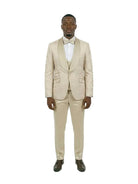 M & R Clothing 3-piece champagne jacquard tuxedo with satin shawl collar, double-breasted vest, and matching bowtie.