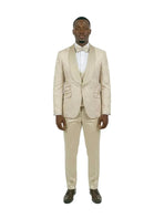 M & R Clothing 3-piece champagne jacquard tuxedo with satin shawl collar, double-breasted vest, and matching bowtie.