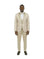 M & R Clothing 3-piece champagne jacquard tuxedo with satin shawl collar, double-breasted vest, and matching bowtie.