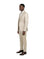 Model wearing a M & R Clothing champagne jacquard 3-piece tuxedo with a satin shawl collar and matching bowtie