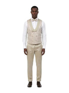Model wearing M & R Clothing champagne jacquard double-breasted vest with satin shawl collar and matching dress pants