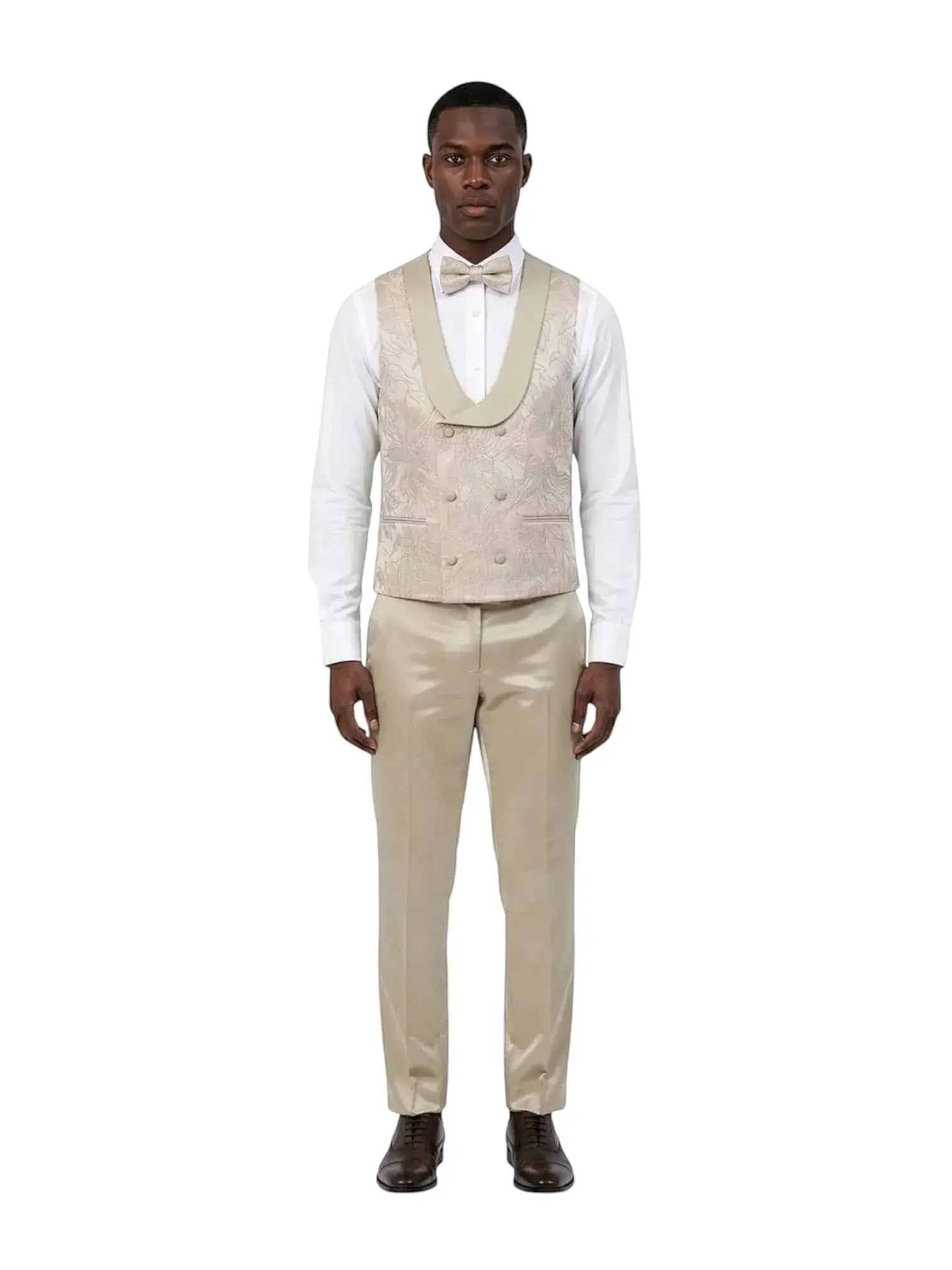 Model wearing M & R Clothing champagne jacquard double-breasted vest with satin shawl collar and matching dress pants