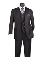 M & R Clothing 3-piece pinstripe business suit in charcoal with a matching vest, white shirt, and patterned tie.