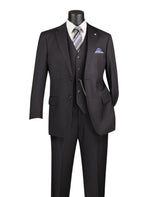 M & R Clothing 3-piece pinstripe business suit in charcoal with a matching vest, white shirt, and patterned tie.