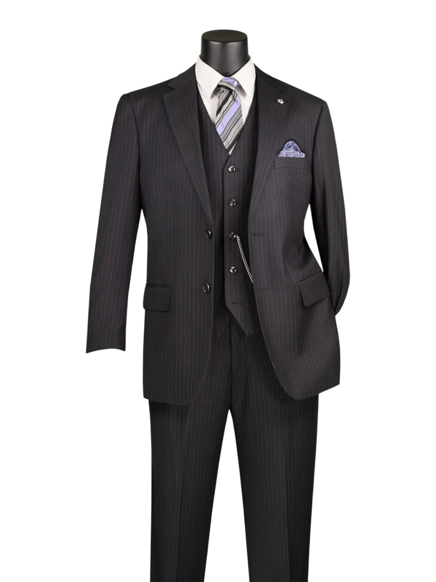 M & R Clothing 3-piece pinstripe business suit in charcoal with a matching vest, white shirt, and patterned tie.