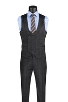 M & R Clothing charcoal grey plaid double-breasted vest and trousers suit set with a light blue shirt and striped tie