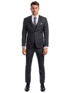 Model wearing a charcoal grey M & R Clothing skinny-fit 3-piece suit with a white shirt and patterned tie.