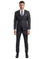 Model wearing a charcoal grey M & R Clothing skinny-fit 3-piece suit with a white shirt and patterned tie.