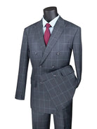 M & R Clothing modern fit charcoal grey double-breasted suit with a white window pane pattern and peak lapels.