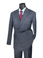 M & R Clothing modern fit charcoal grey double-breasted suit with a white window pane pattern and peak lapels.