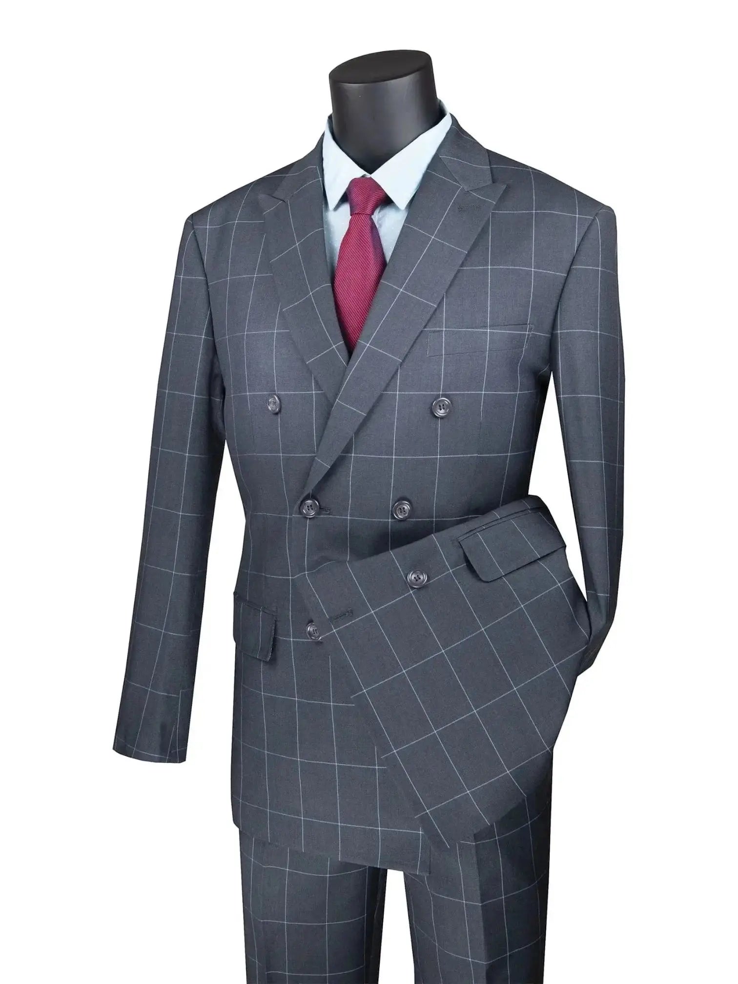 M & R Clothing modern fit charcoal grey double-breasted suit with a white window pane pattern and peak lapels.