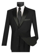 M & R Clothing 2-piece classic black tuxedo with satin lapels, white dress shirt, and matching black necktie.