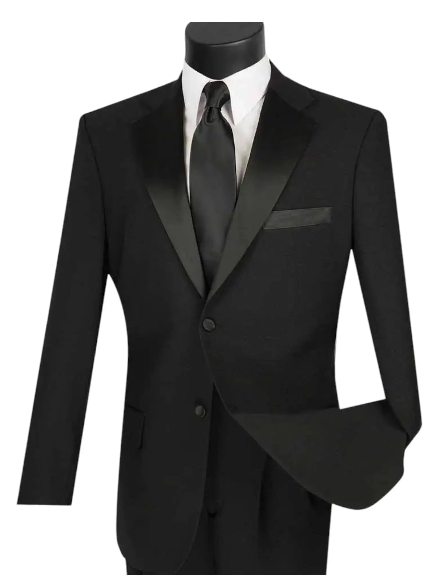 M & R Clothing 2-piece classic black tuxedo with satin lapels, white dress shirt, and matching black necktie.
