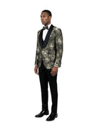 Model wearing M & R Clothing 3-piece skinny fit tuxedo with floral jacquard jacket, black vest, and satin shawl collar.