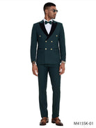 Model wearing a M & R Clothing dark green double-breasted suit with black satin peak lapels and gold buttons.