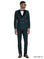 Model wearing a M & R Clothing dark green double-breasted suit with black satin peak lapels and gold buttons.