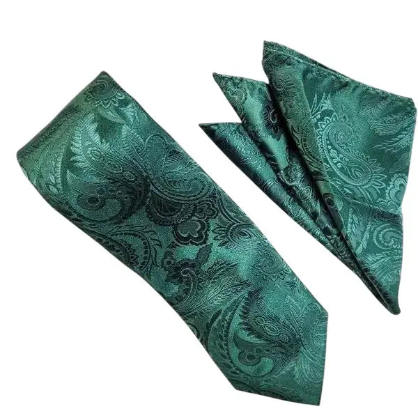 M & R Clothing Stacy Adams green paisley necktie and matching pocket square set for formal occasions