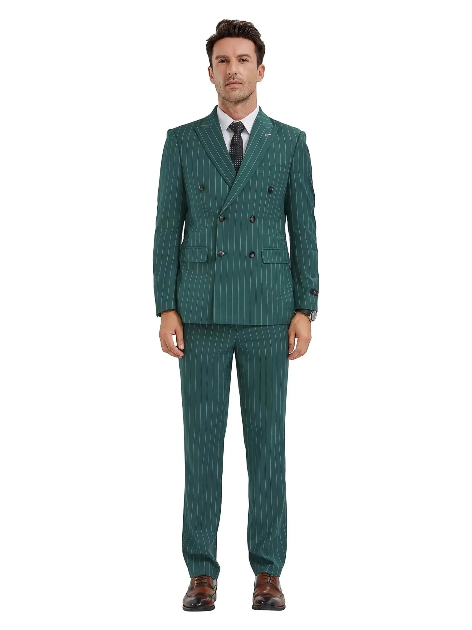 M & R Clothing hunter green pinstripe double-breasted slim fit suit worn by a man with a white shirt and black tie