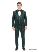 M & R Clothing 3-piece green velvet and sequin tuxedo suit with satin shawl collar, vest, and matching bowtie.