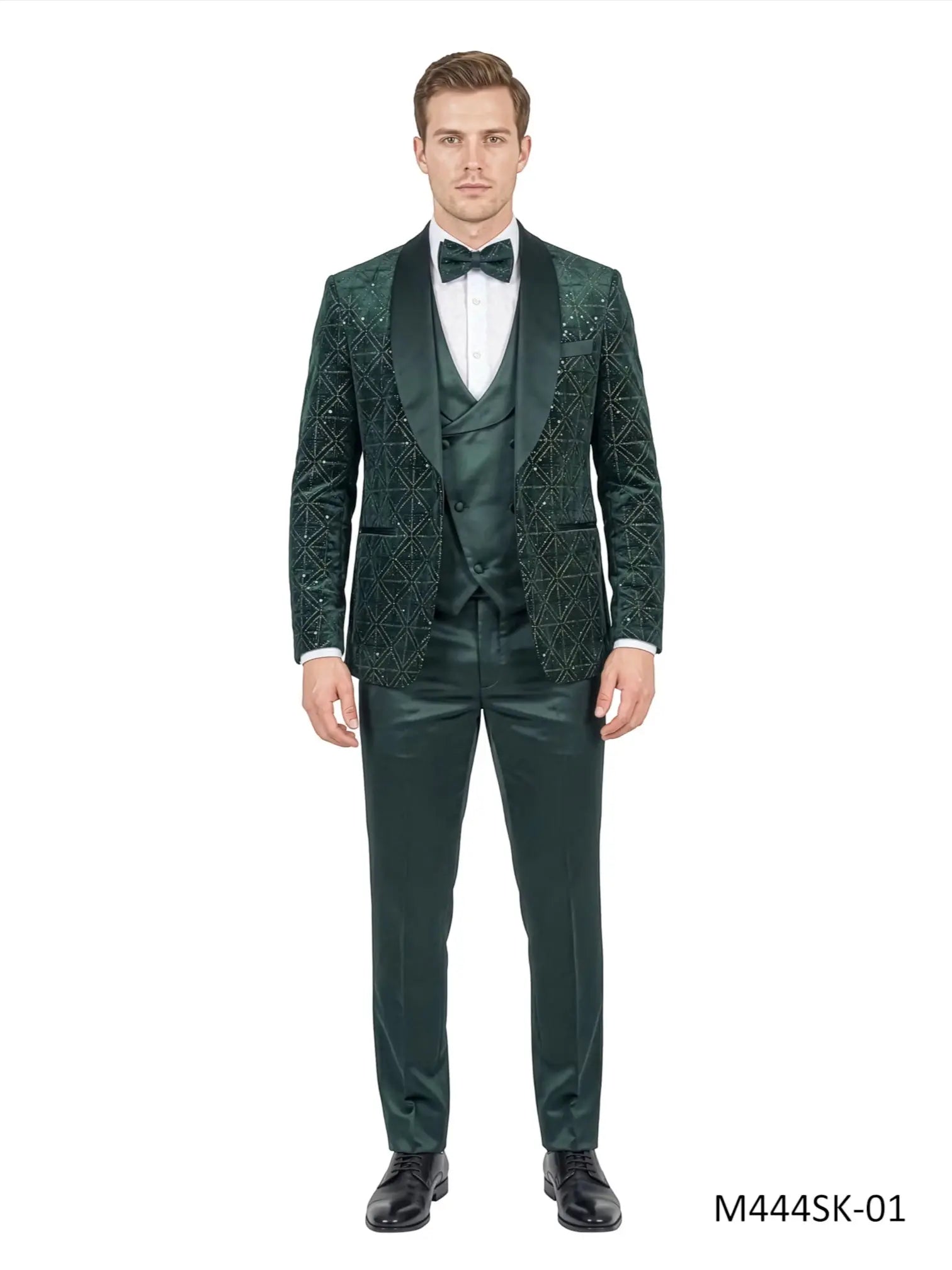 M & R Clothing 3-piece green velvet and sequin tuxedo suit with satin shawl collar, vest, and matching bowtie.