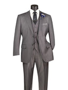 M & R Clothing grey pinstripe 3-piece regular fit business suit with vest, white shirt, and blue lapel flower