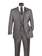 M & R Clothing grey pinstripe 3-piece regular fit business suit with vest, white shirt, and blue lapel flower