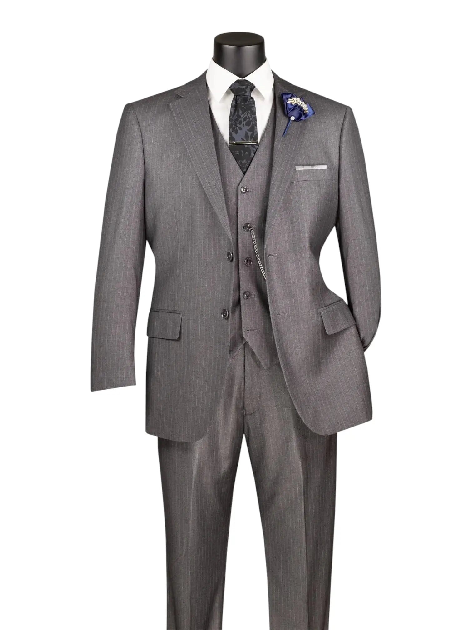 M & R Clothing grey pinstripe 3-piece regular fit business suit with vest, white shirt, and blue lapel flower