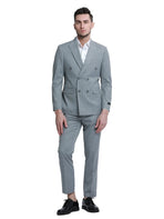 M & R Clothing grey pinstripe slim fit double-breasted suit with peak lapels worn by a model on a white background