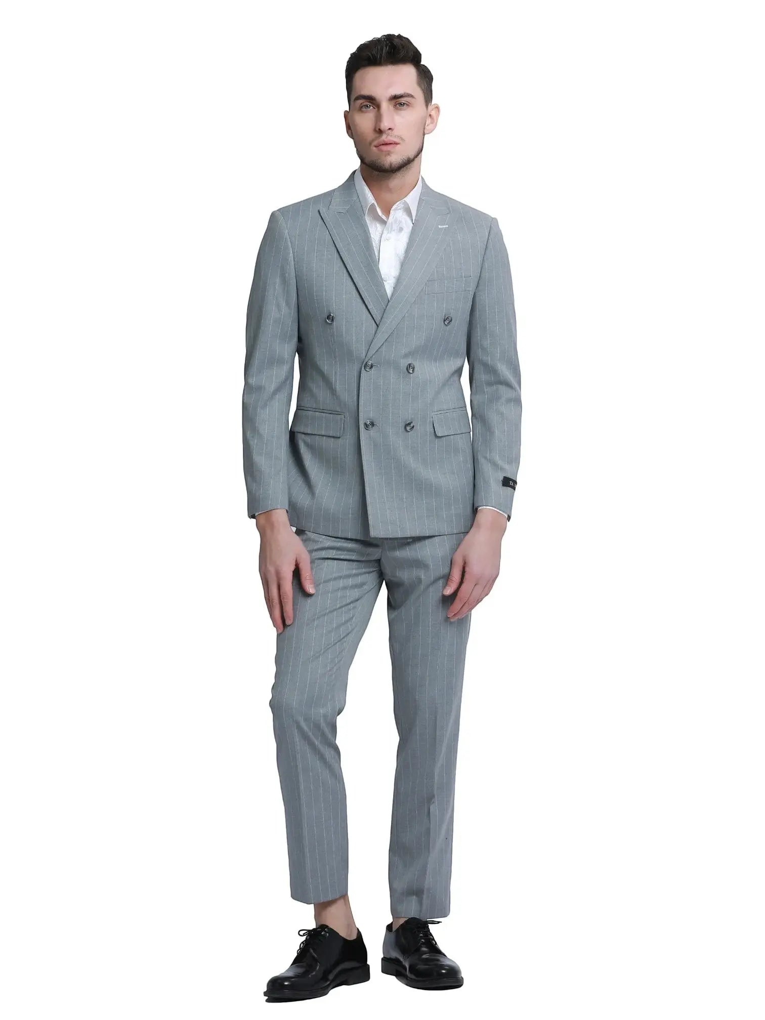 M & R Clothing grey pinstripe slim fit double-breasted suit with peak lapels worn by a model on a white background