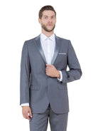 M & R Clothing Bryan Michaels grey tuxedo jacket with a sleek satin peak lapel worn by a man in a white dress shirt