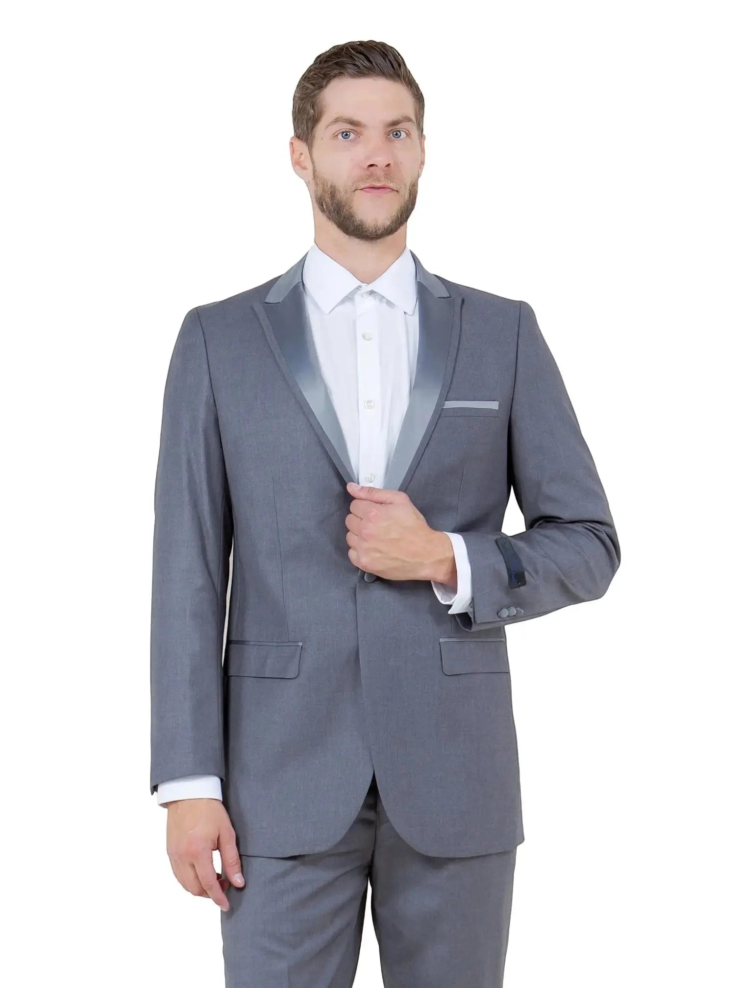 M & R Clothing Bryan Michaels grey tuxedo jacket with a sleek satin peak lapel worn by a man in a white dress shirt