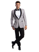 M & R Clothing men's 2-piece tuxedo with a grey jacket featuring a black satin shawl collar and black slim-fit pants.