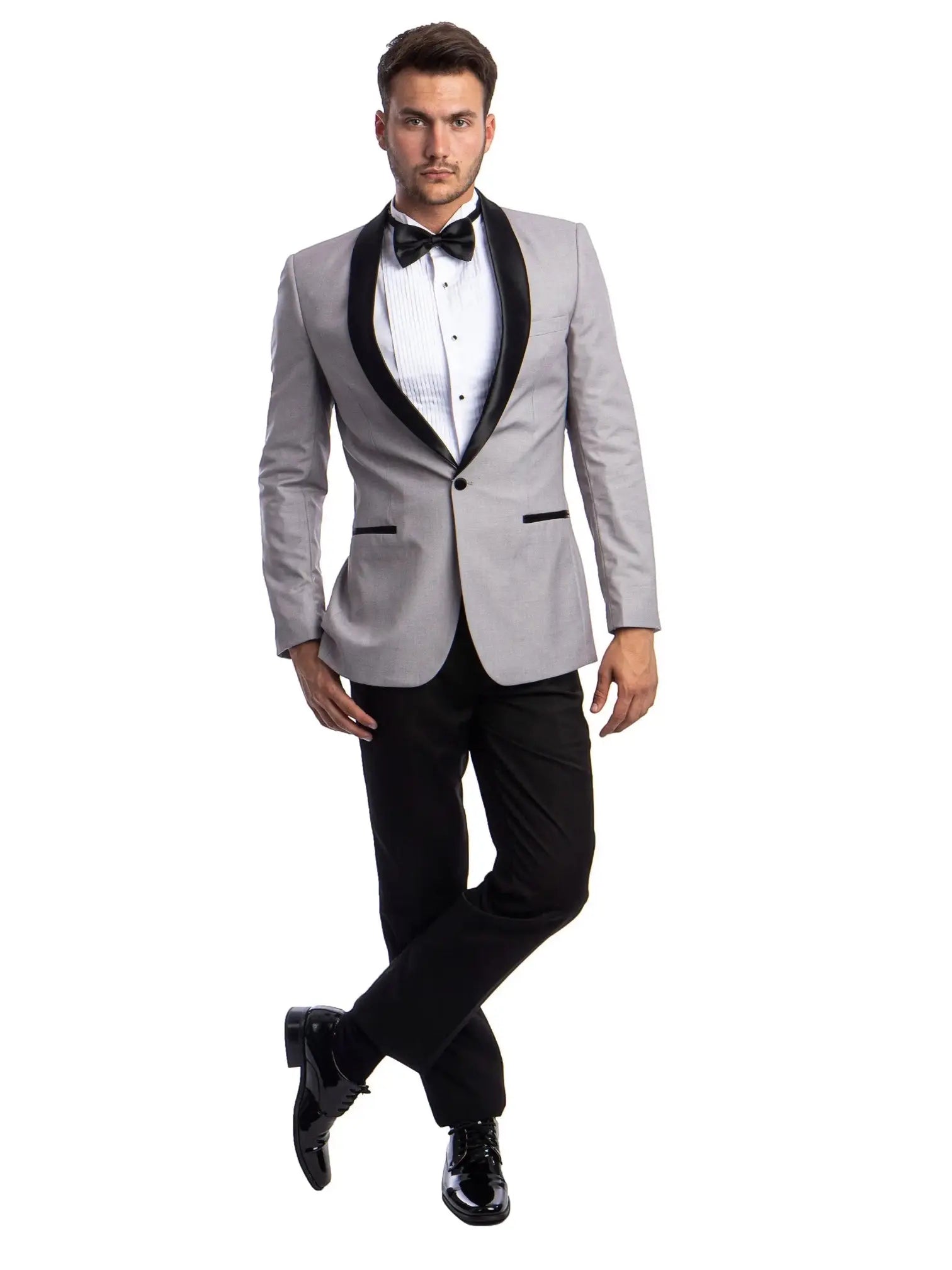 M & R Clothing men's 2-piece tuxedo with a grey jacket featuring a black satin shawl collar and black slim-fit pants.