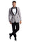 M & R Clothing men's 2-piece tuxedo with a grey jacket featuring a black satin shawl collar and black slim-fit pants.