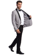 M & R Clothing men's grey tuxedo set with black satin shawl collar, white shirt, and black trousers.