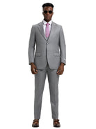Model wearing a grey M & R Clothing Stacy Adams sharkskin 3-piece suit with a white shirt and pink tie