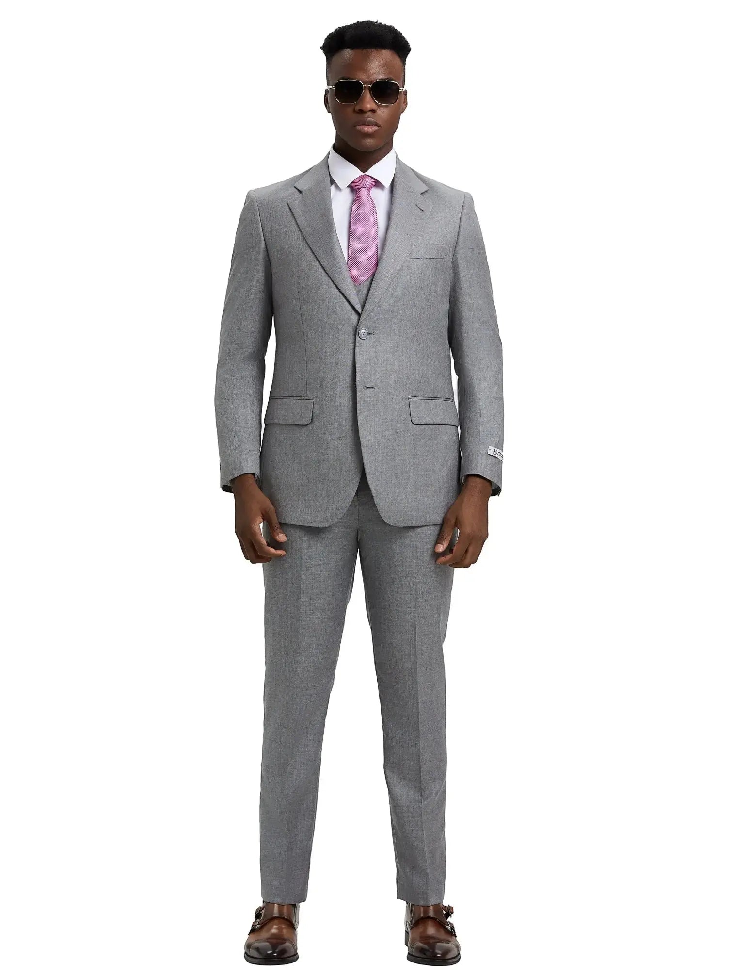 Model wearing a grey M & R Clothing Stacy Adams sharkskin 3-piece suit with a white shirt and pink tie