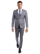 Model wearing a grey M & R Clothing skinny-fit 3-piece suit with a white shirt and blue striped tie