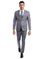 Model wearing a grey M & R Clothing skinny-fit 3-piece suit with a white shirt and blue striped tie