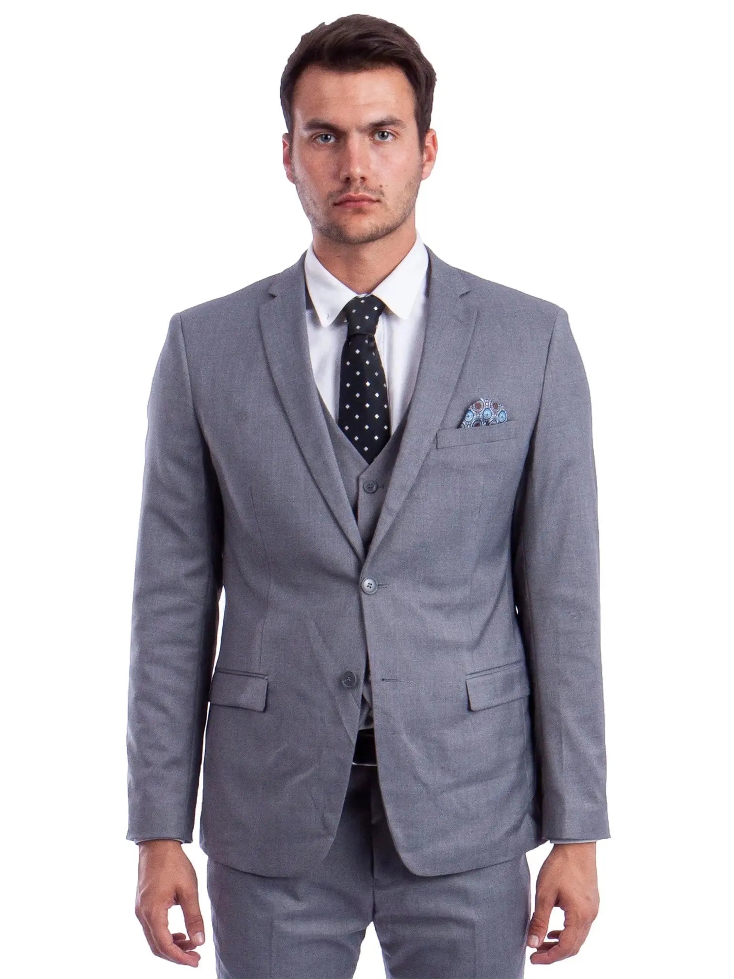 Model wearing a M & R Clothing grey skinny-fit 3-piece suit with a white shirt, black polka dot tie, and pocket square