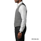 Side view of a man wearing a grey M & R Clothing single-breasted suit vest over a white dress shirt