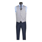 M & R Clothing grey single-breasted suit vest with a pocket chain, worn over a light blue dress shirt and tie.