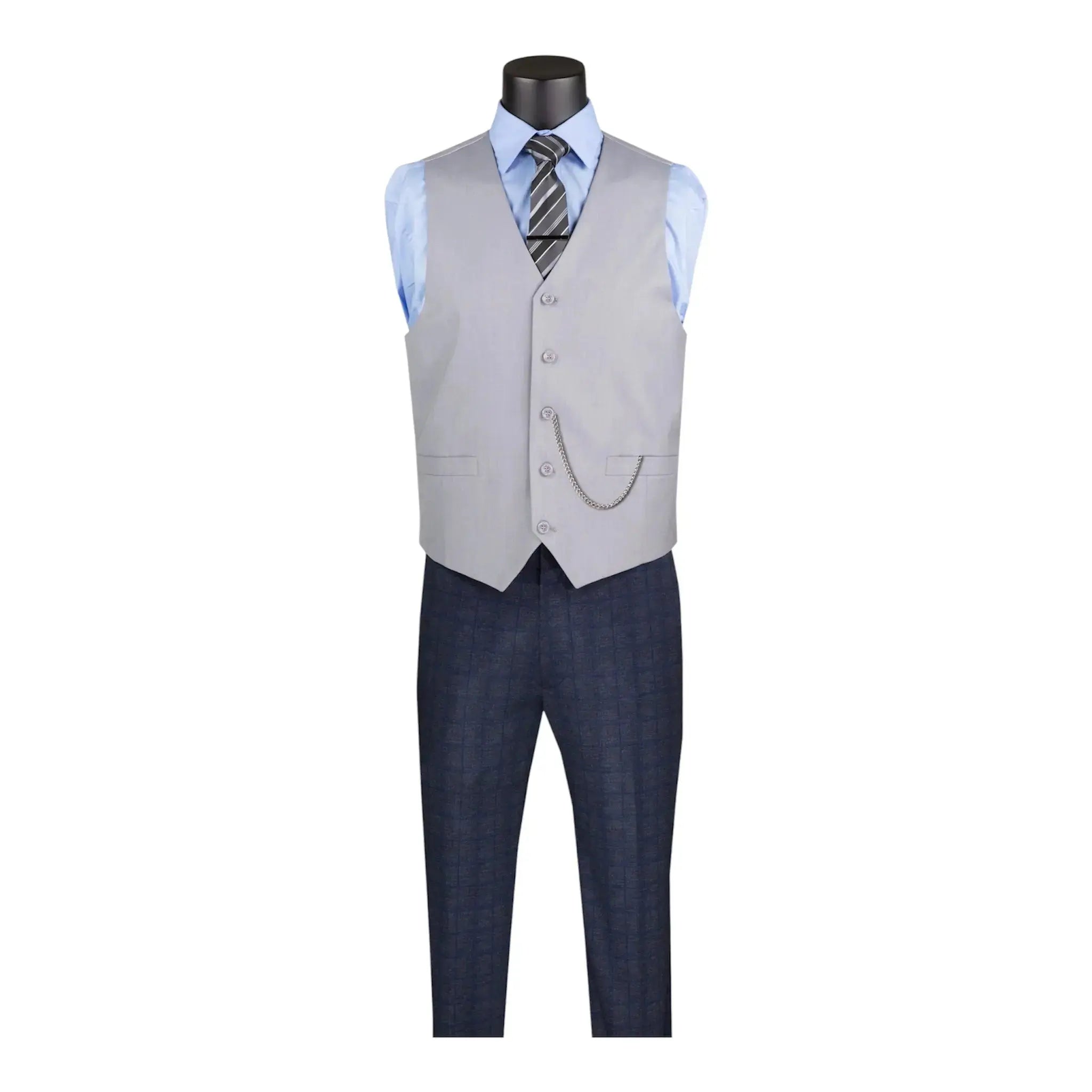 M & R Clothing grey single-breasted suit vest with a pocket chain, worn over a light blue dress shirt and tie.