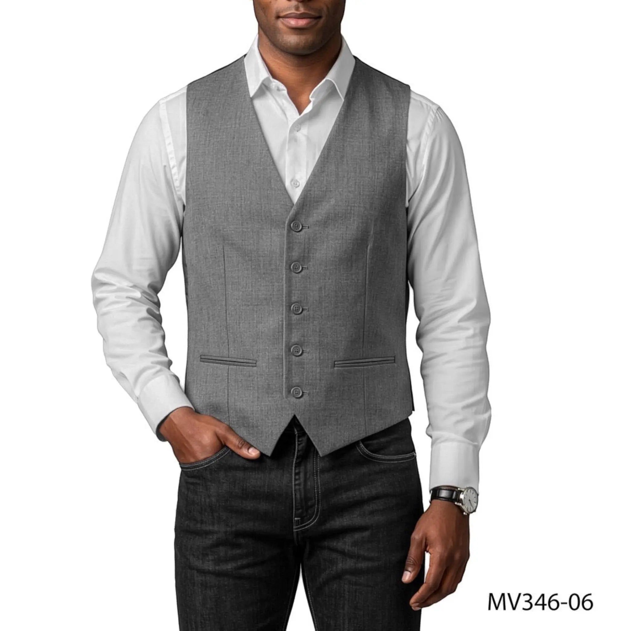 M & R Clothing grey single-breasted suit vest worn over a white dress shirt and dark jeans